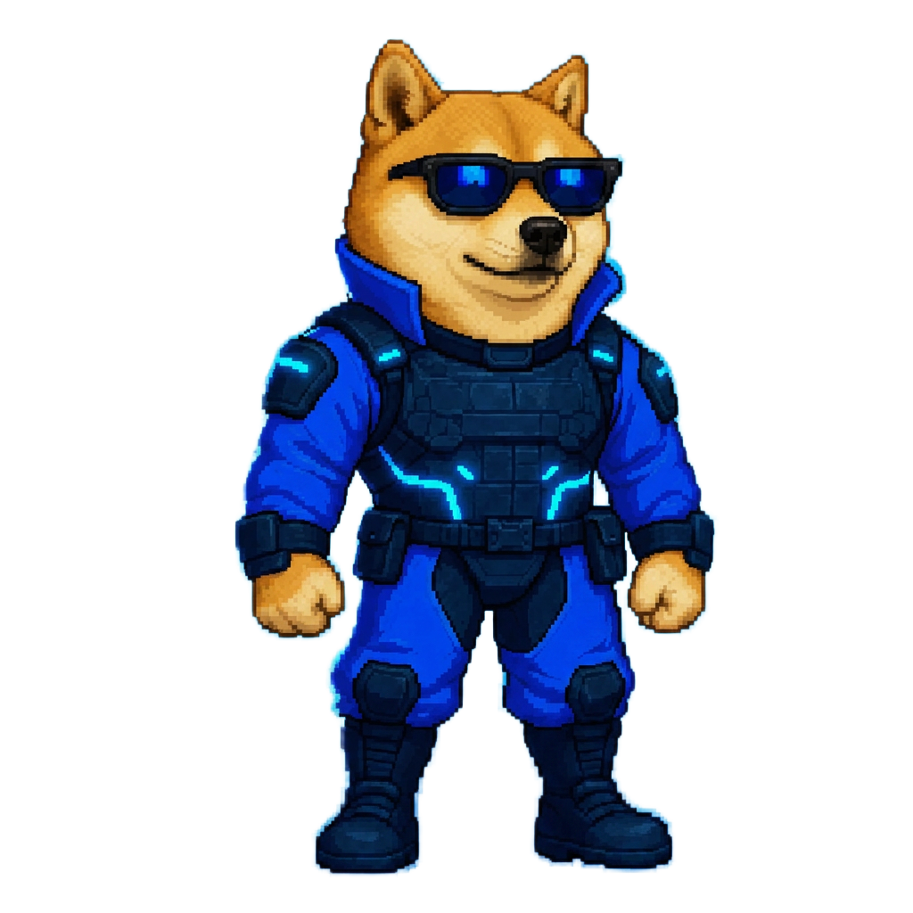 Cyber Doge in navy tactical armor with electric blue accents and dark sunglasses